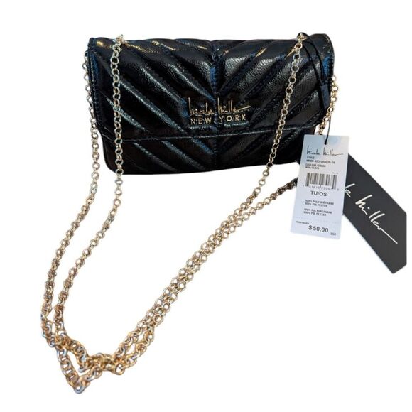 NICOLE MILLER BLACK PATENT CROSSBODY WITH GOLD CHAIN - Picture 4 of 6